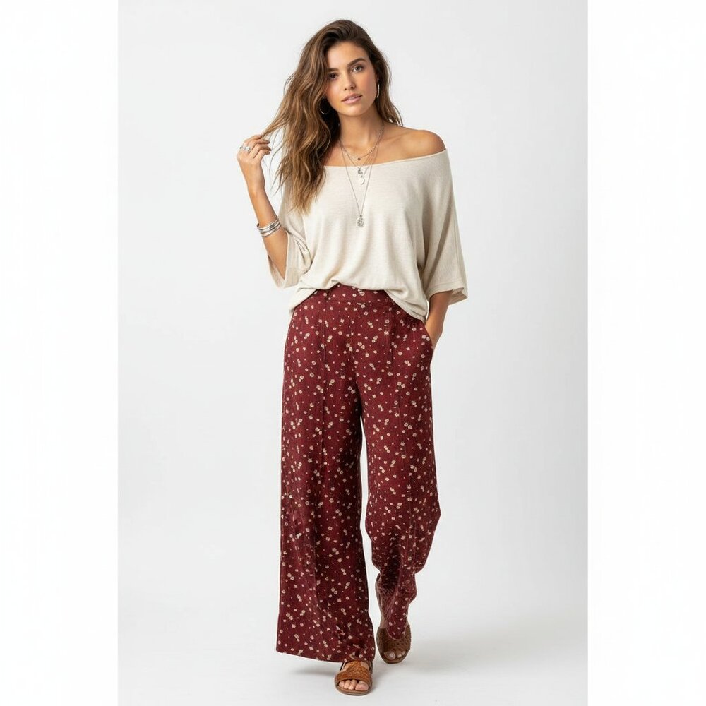 Blush Boutique Red‎ Floral Wide Leg Pants Women's Size Medium